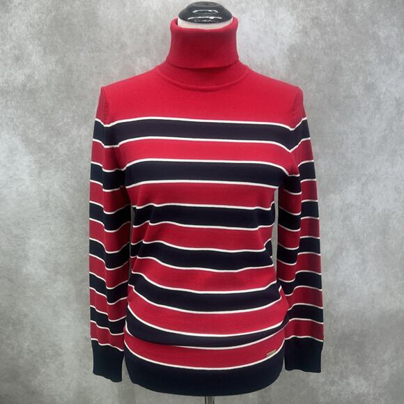 NWT Tommy Hilfiger Womens M Red Black White Striped Turtleneck Sweater Preppy - Picture 1 of 12